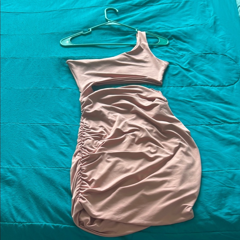 SHEIN Tan One Shoulder Ruched Bodycon Dress